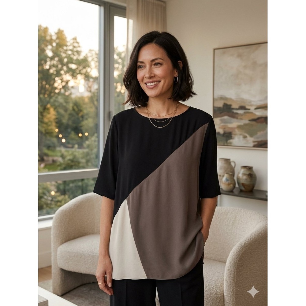 Eileen Fisher Silk Colorblock Blouse Black Grey Cream Short Sleeve Top XL
